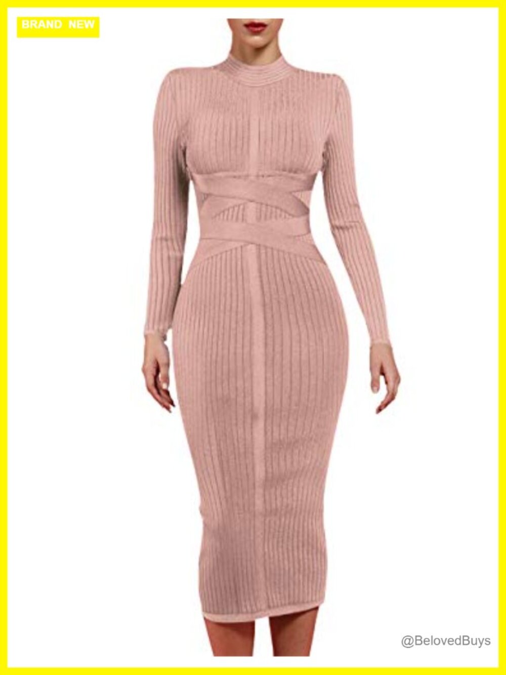Bandage Bodycon Midi Dress Long Sleeve High Neck Party Cocktail